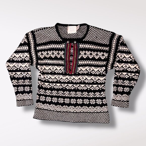 Vintage 80s Susan Bristol Shetland Wool Nordic Sweater Black White Small - Picture 9 of 10